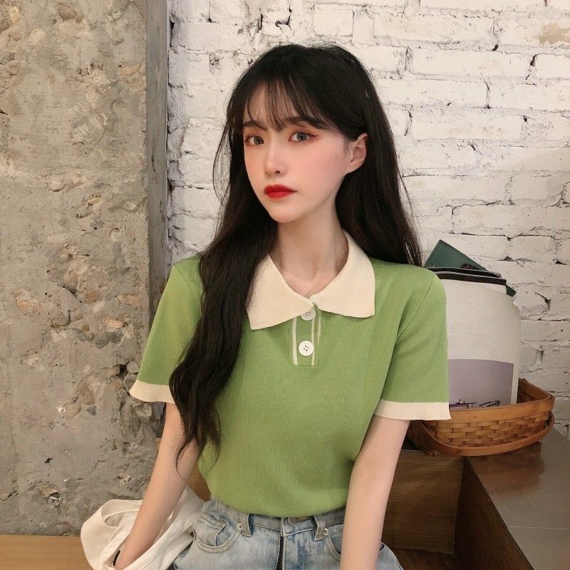 レディース ポロシャツ 配色襟デザイン半袖ニットポロシャツ