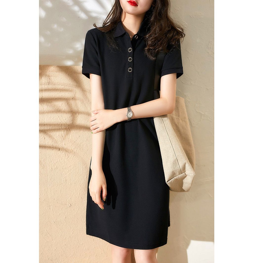 レディース ポロシャツ 金属ボタン付き襟付きワンピース風ポロシャツ