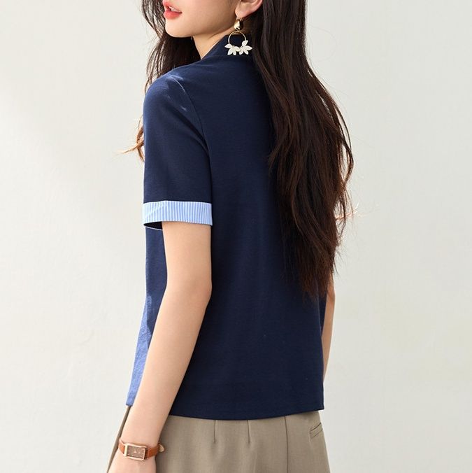 レディース ポロシャツ 配色ハート刺繍入りストライプ袖口半袖ポロシャツ