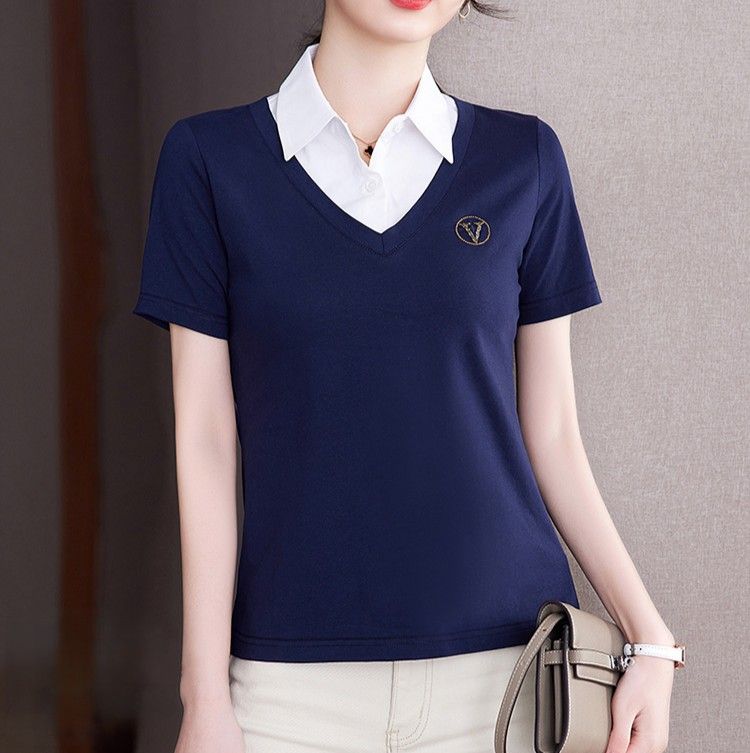 レディース ポロシャツ 襟付き重ね着風レイヤードデザイン半袖トップス