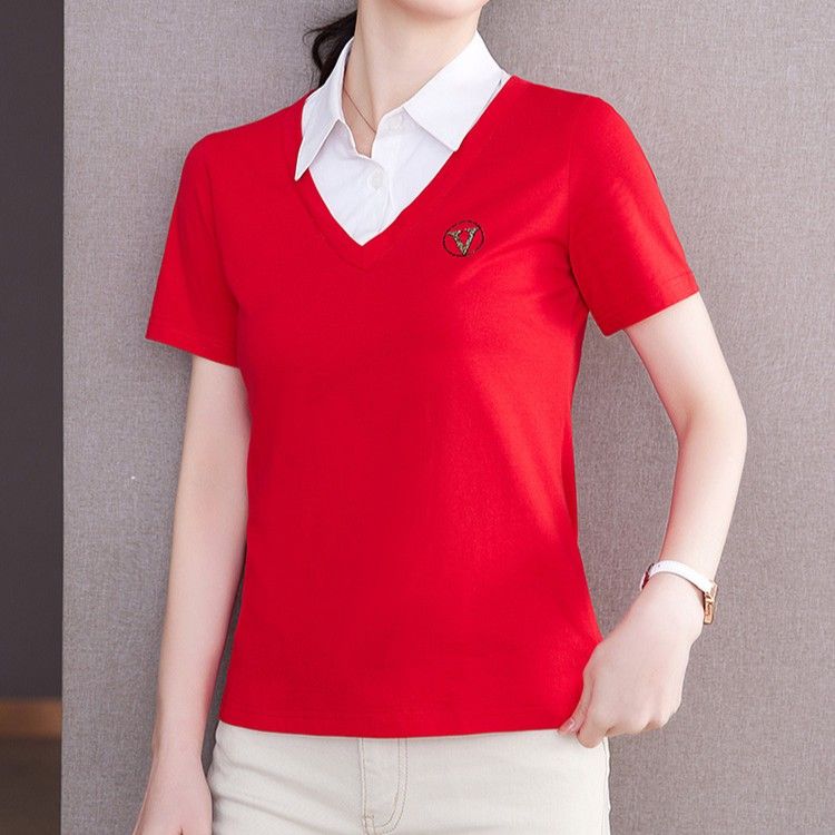 レディース ポロシャツ 襟付き重ね着風レイヤードデザイン半袖トップス