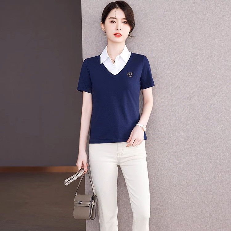 レディース ポロシャツ 襟付き重ね着風レイヤードデザイン半袖トップス