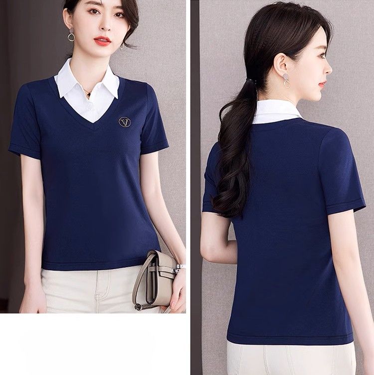 レディース ポロシャツ 襟付き重ね着風レイヤードデザイン半袖トップス