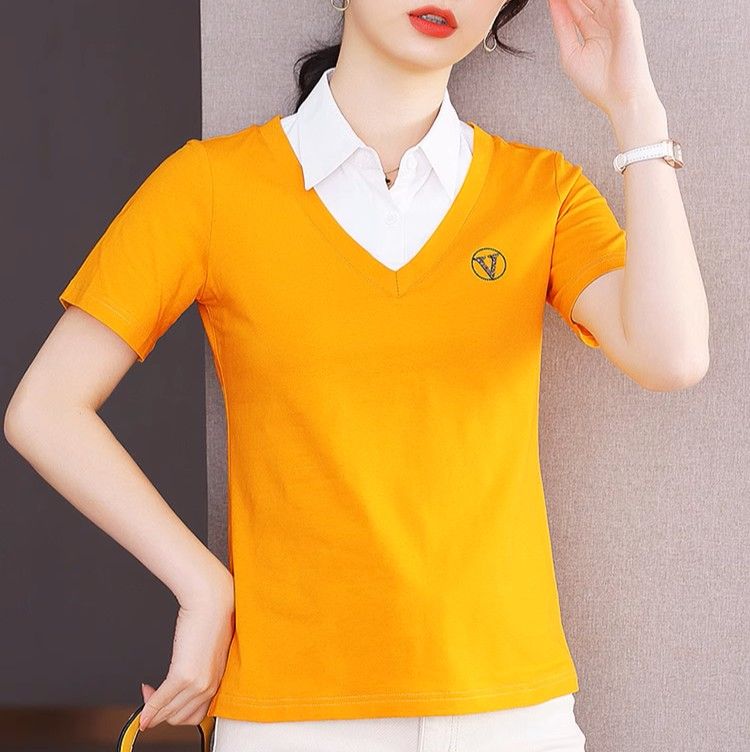 レディース ポロシャツ 襟付き重ね着風レイヤードデザイン半袖トップス