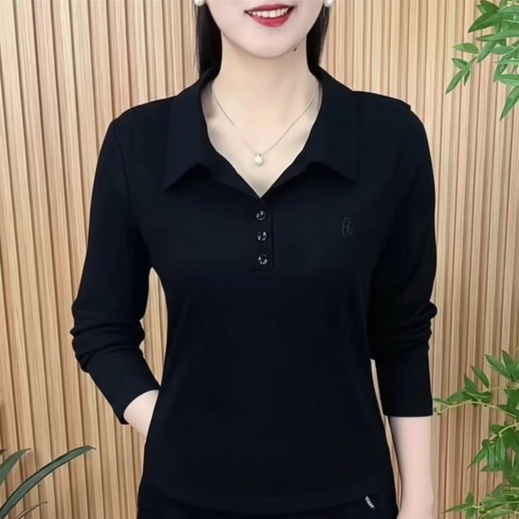 レディース ポロシャツ シンプルデザイン襟付き長袖ポロシャツ