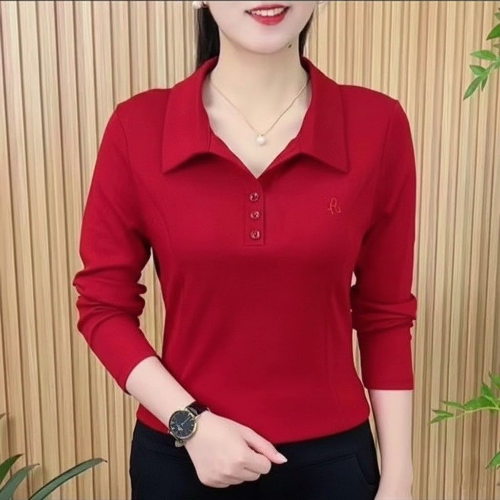 レディース ポロシャツ シンプルデザイン襟付き長袖ポロシャツ