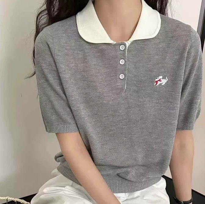 レディース ポロシャツ 配色襟ニット素材の刺繍入りポロシャツ