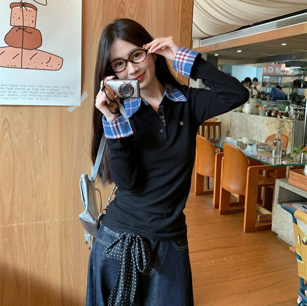 レディース ポロシャツ チェック柄襟切替レイヤード風長袖ポロシャツ