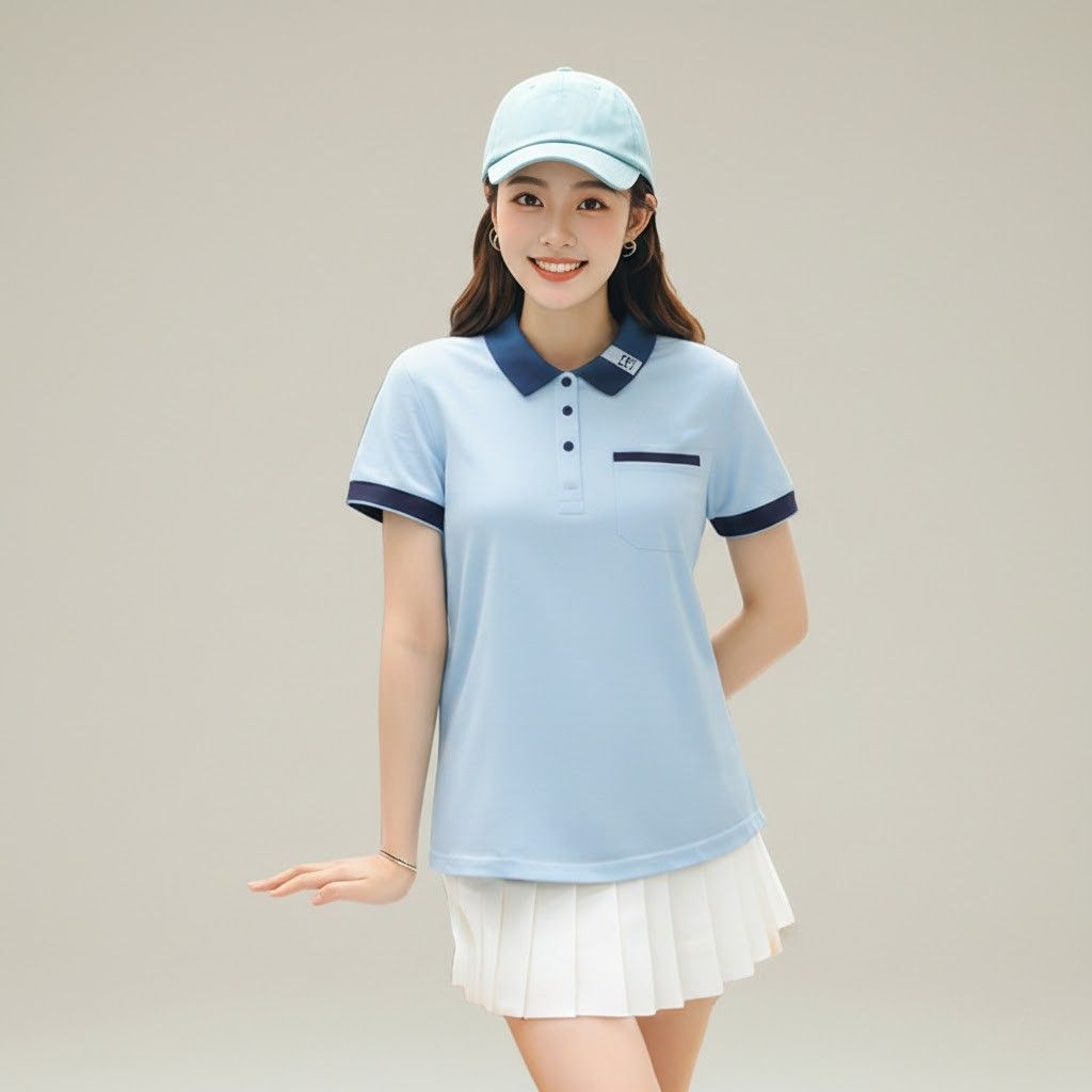 レディース ポロシャツ 配色襟ポケット付きレディースポロシャツ半袖