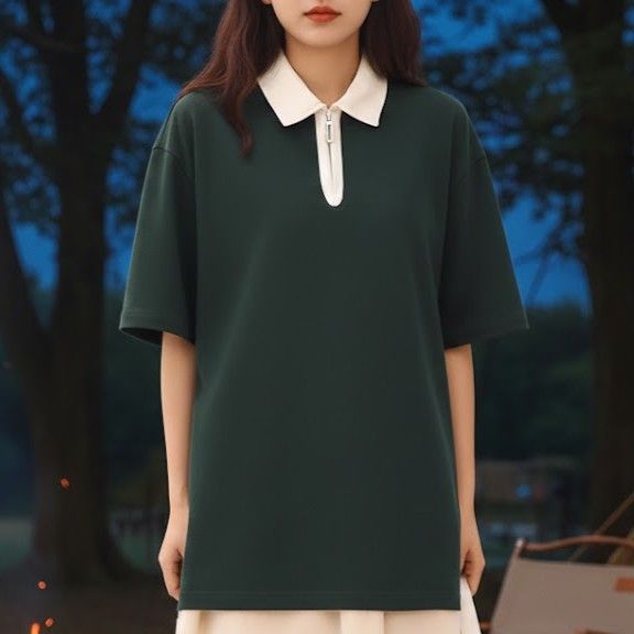レディース ポロシャツ 配色襟デザインゆったりシルエット半袖ポロシャツ