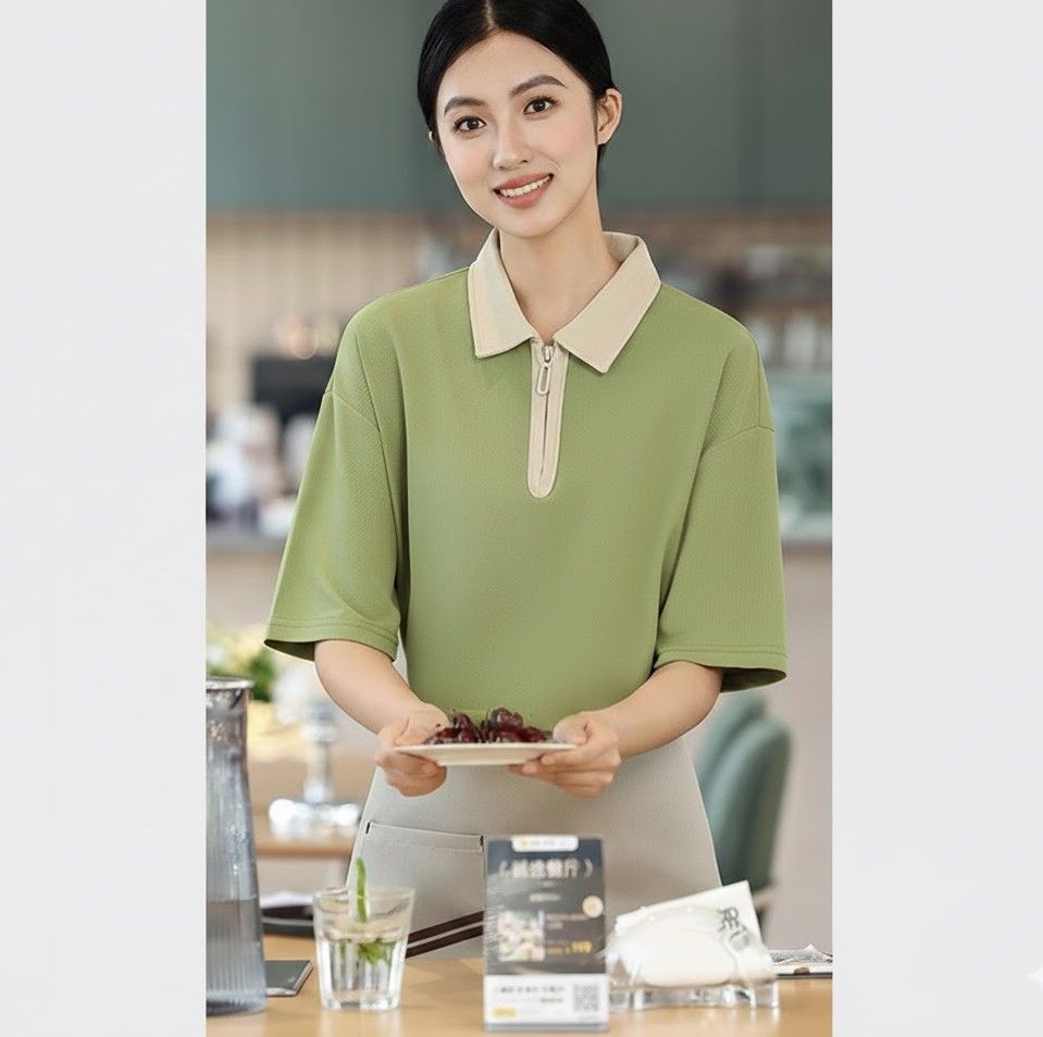 レディース ポロシャツ 配色襟ジップアップ半袖ポロシャツ