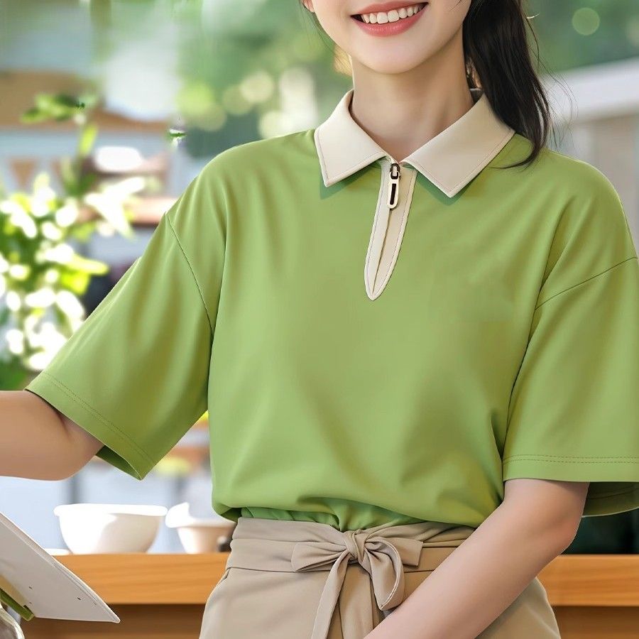 レディース ポロシャツ 配色襟ジップアップ半袖ポロシャツ