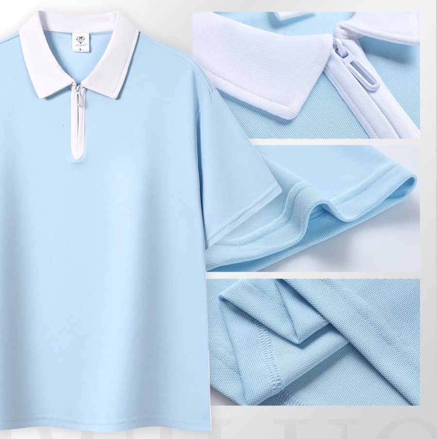 レディース ポロシャツ 配色襟ジップアップ半袖ポロシャツ