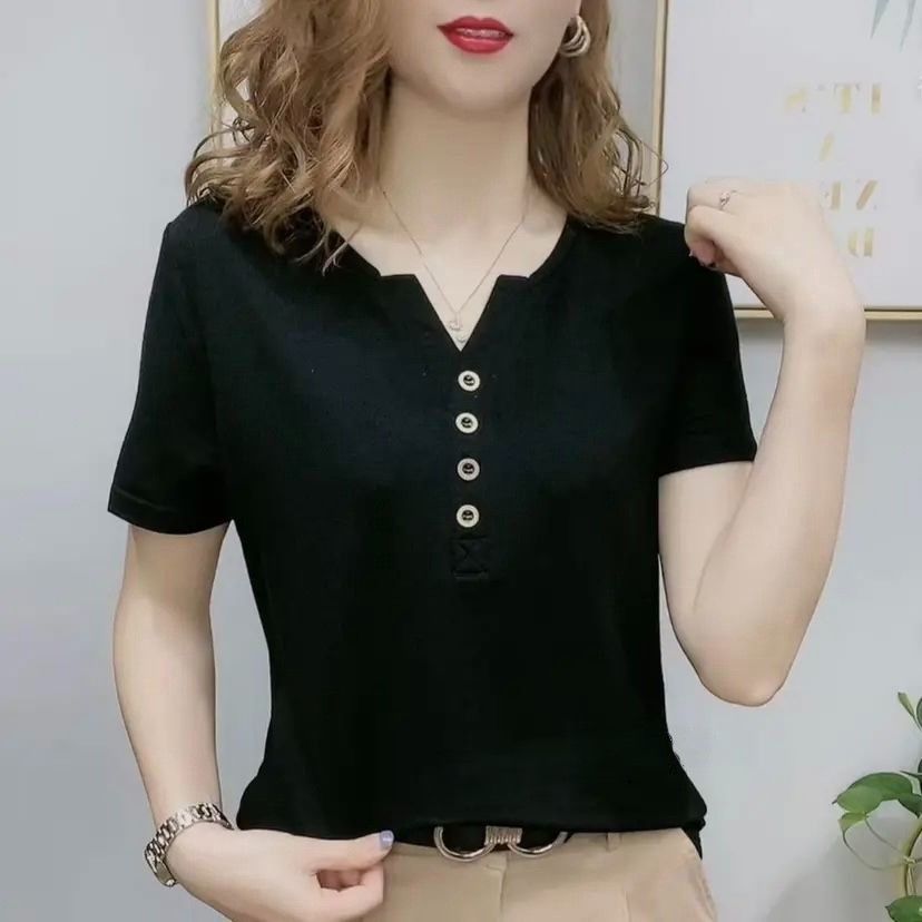 レディース ポロシャツ 装飾ボタン付きVネックレディースポロシャツ半袖