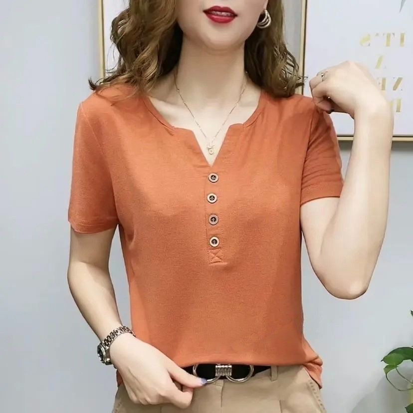 レディース ポロシャツ 装飾ボタン付きVネックレディースポロシャツ半袖