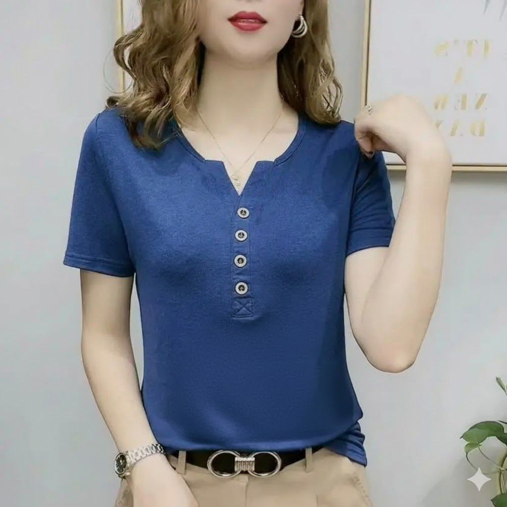 レディース ポロシャツ 装飾ボタン付きVネックレディースポロシャツ半袖