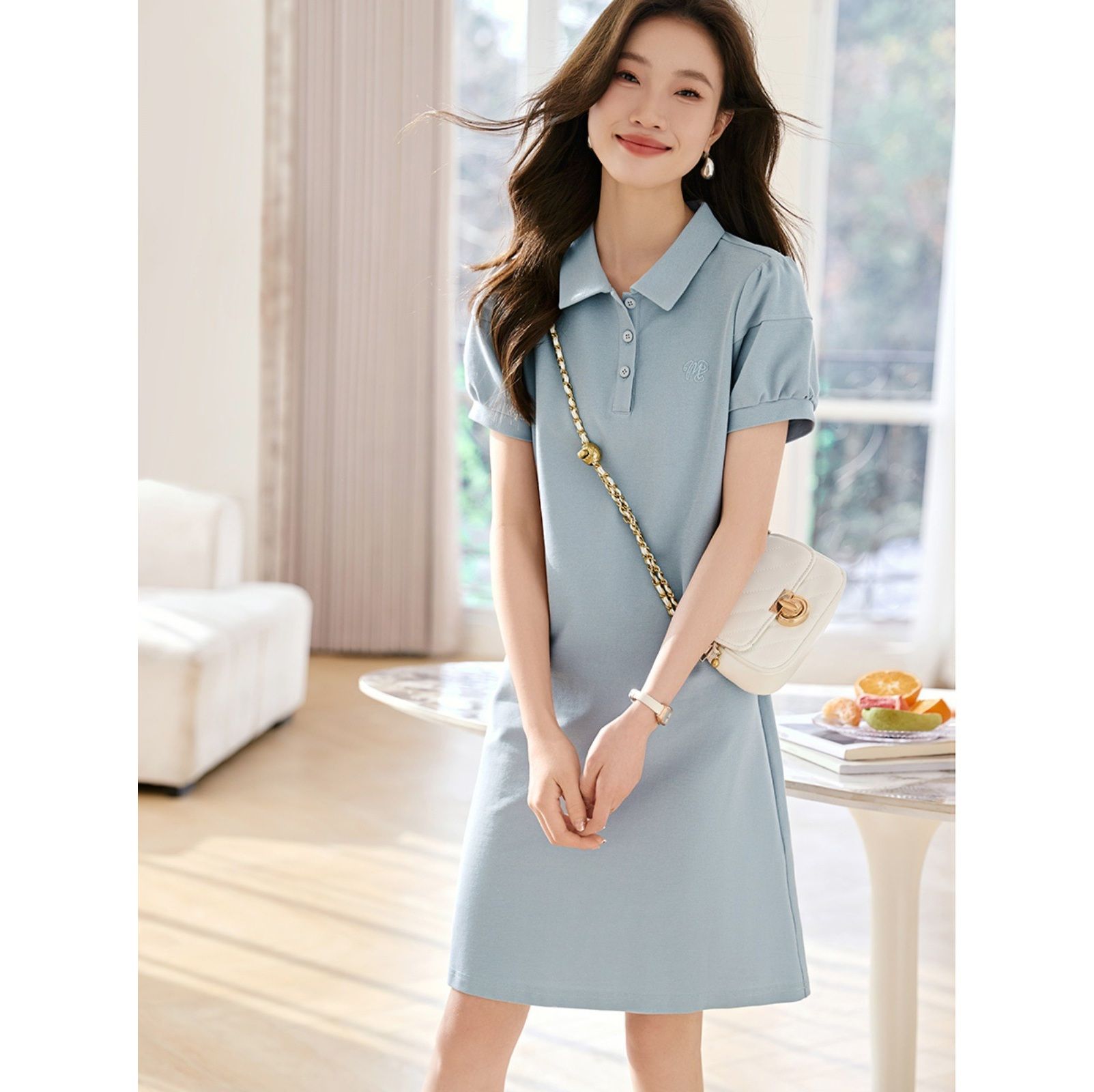 レディース ポロシャツ 襟付き半袖ポロワンピース膝丈カジュアル