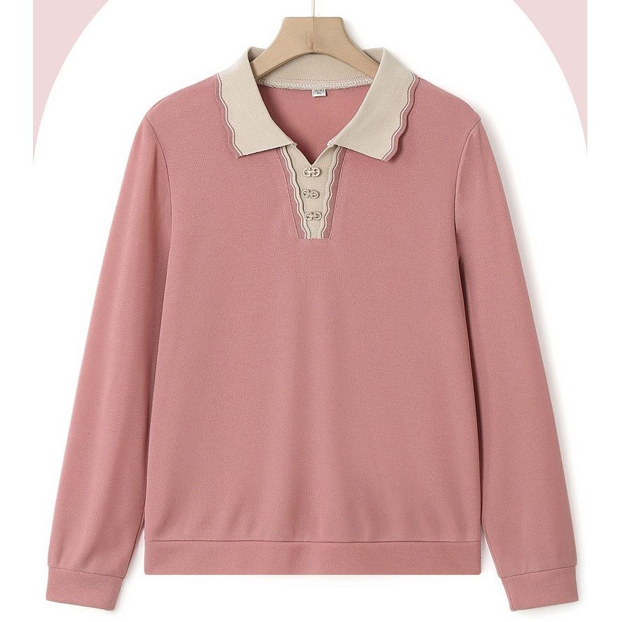 レディース ポロシャツ 配色襟デザイン長袖レディースポロシャツ