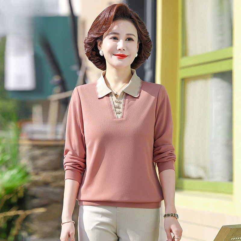 レディース ポロシャツ 配色襟デザイン長袖レディースポロシャツ