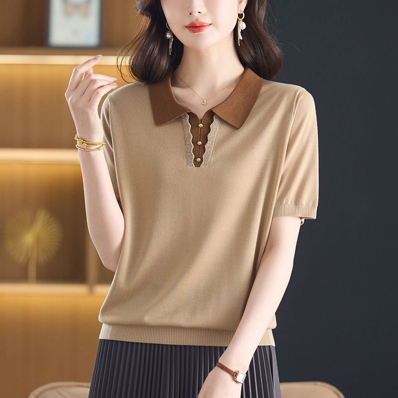 レディース ポロシャツ 配色襟デザイン ニット素材 レディース ポロシャツ 半袖