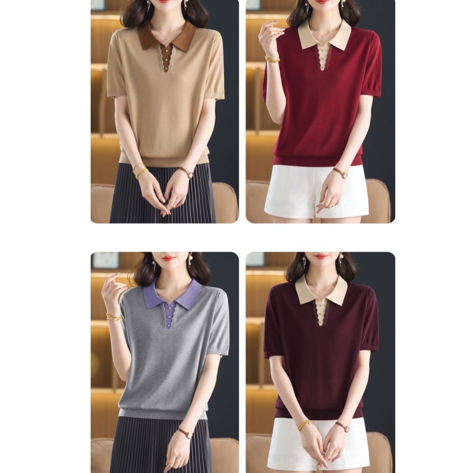 レディース ポロシャツ 配色襟デザイン ニット素材 レディース ポロシャツ 半袖
