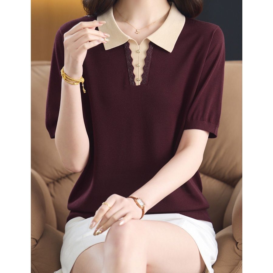 レディース ポロシャツ 配色襟デザイン ニット素材 レディース ポロシャツ 半袖