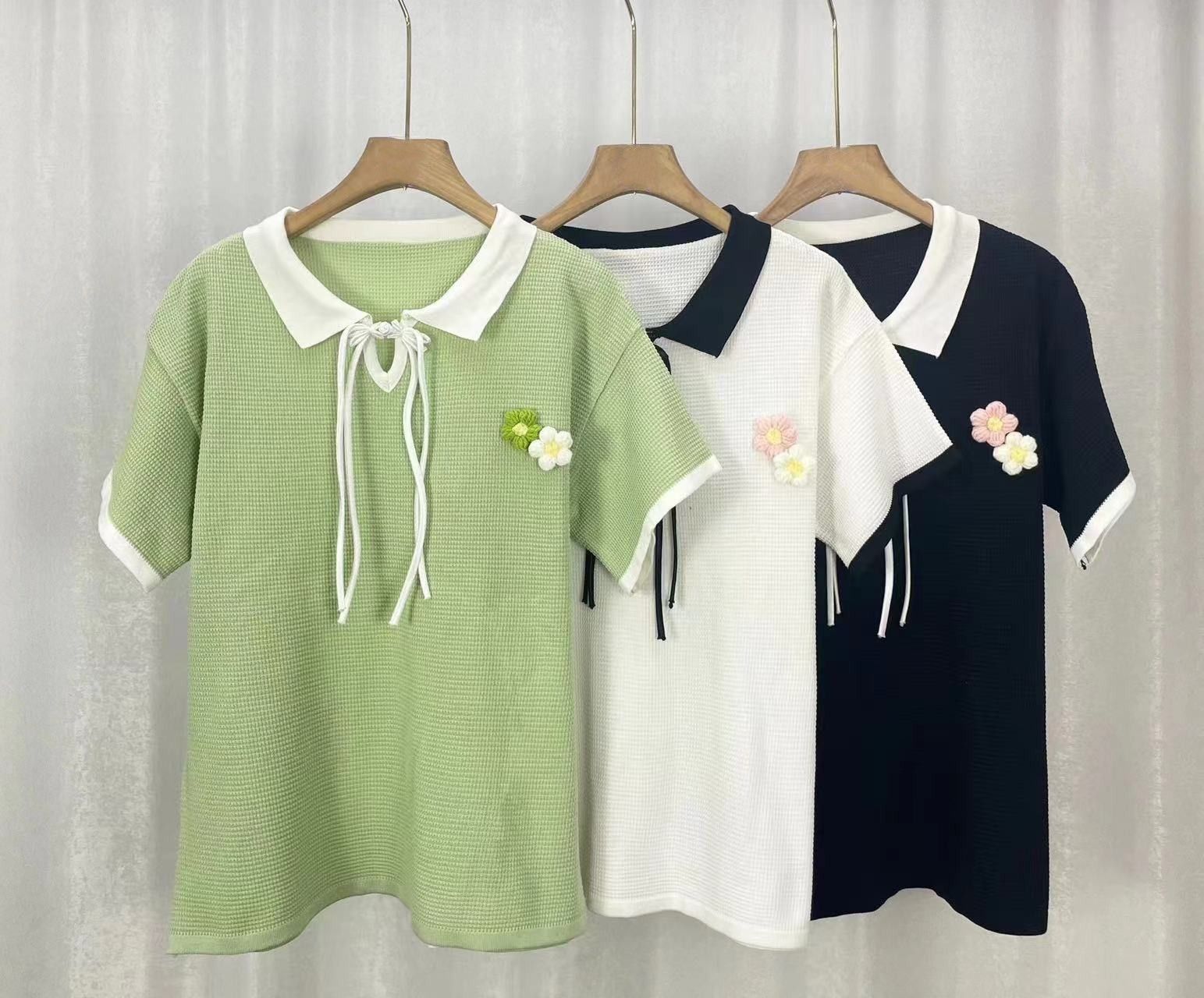 レディース ポロシャツ お花モチーフ付きリボン結び半袖ポロシャツニット