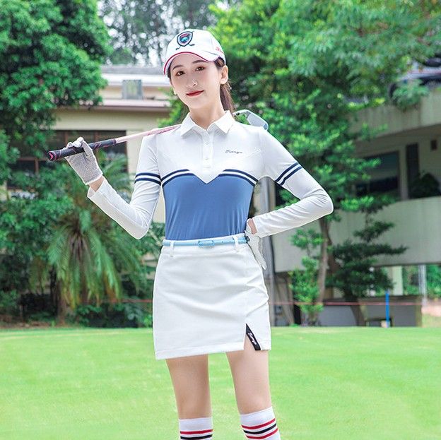 レディース ポロシャツ 配色切替デザイン襟付き長袖ゴルフウェア