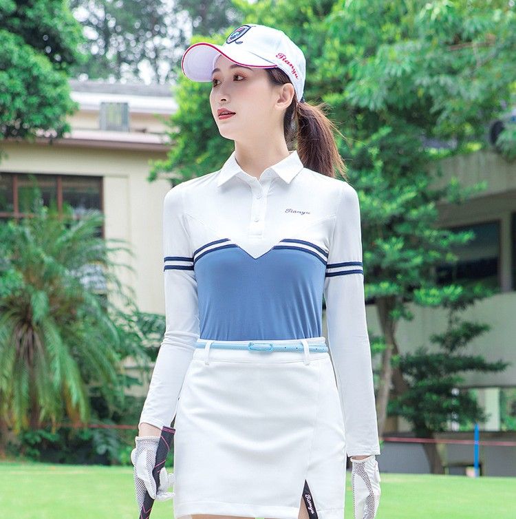 レディース ポロシャツ 配色切替デザイン襟付き長袖ゴルフウェア