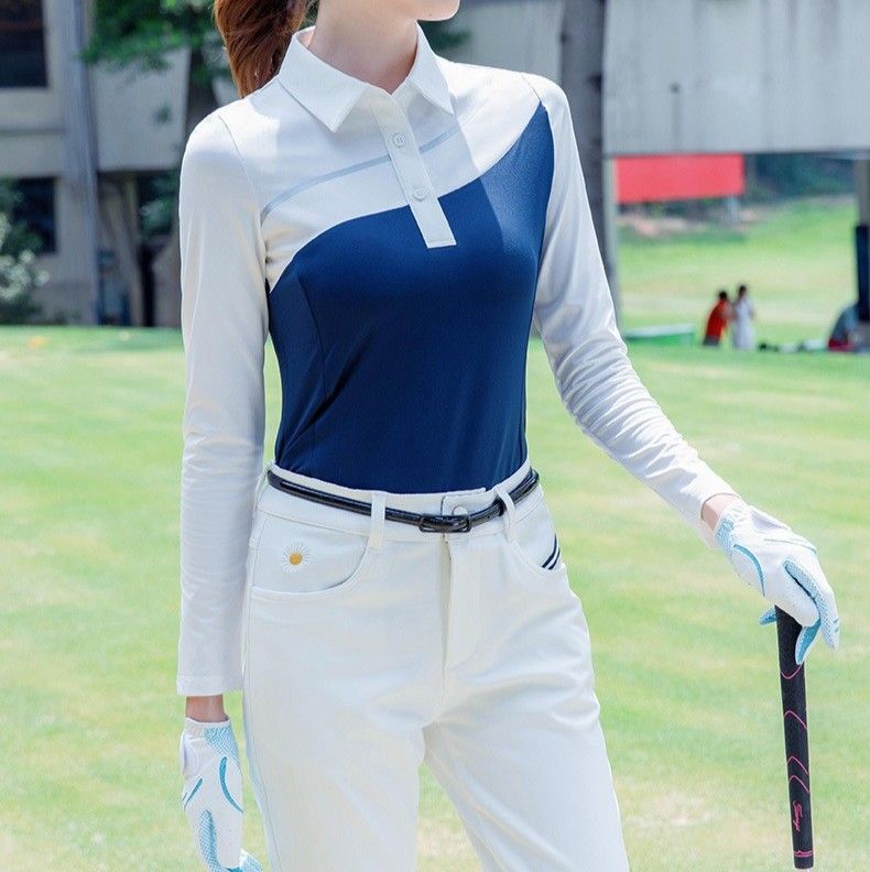 レディース ポロシャツ 配色切替デザイン長袖ゴルフポロシャツ