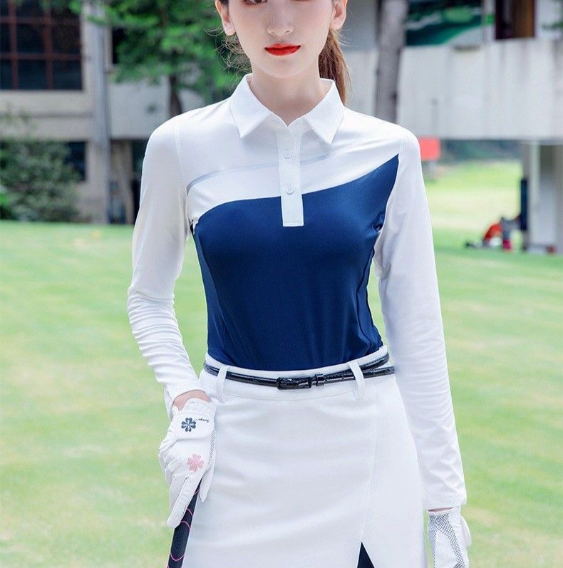 レディース ポロシャツ 配色切替デザイン長袖ゴルフポロシャツ