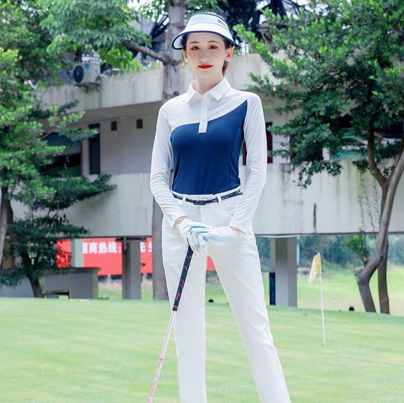 レディース ポロシャツ 配色切替デザイン長袖ゴルフポロシャツ