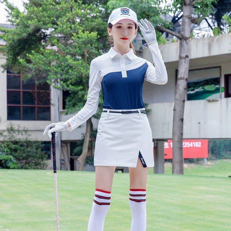 レディース ポロシャツ 配色切替デザイン長袖ゴルフポロシャツ