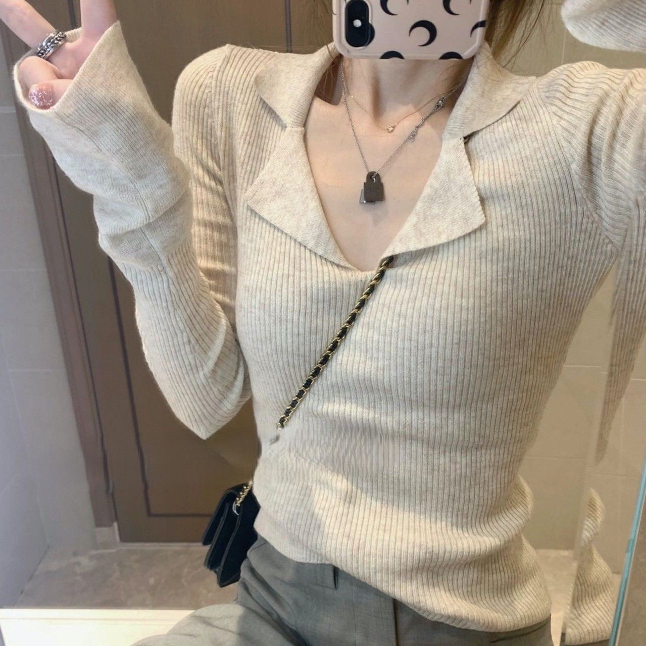 レディース ポロシャツ 襟付きリブニット長袖トップス