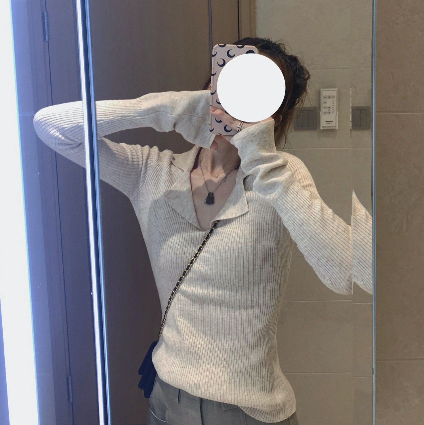 レディース ポロシャツ 襟付きリブニット長袖トップス