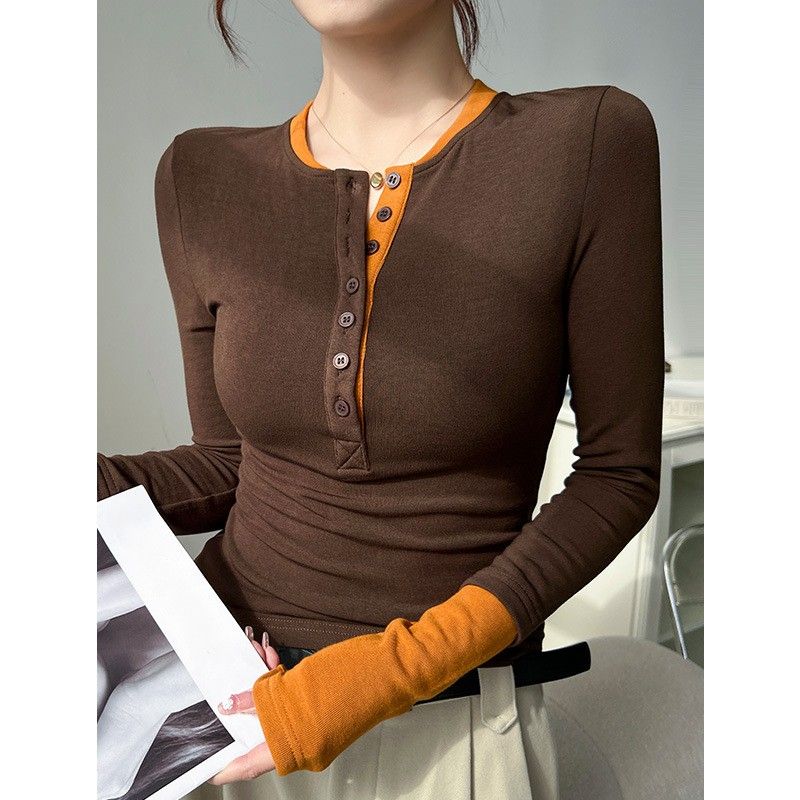 レディース ポロシャツ 配色デザイン前開きボタン長袖ポロシャツ