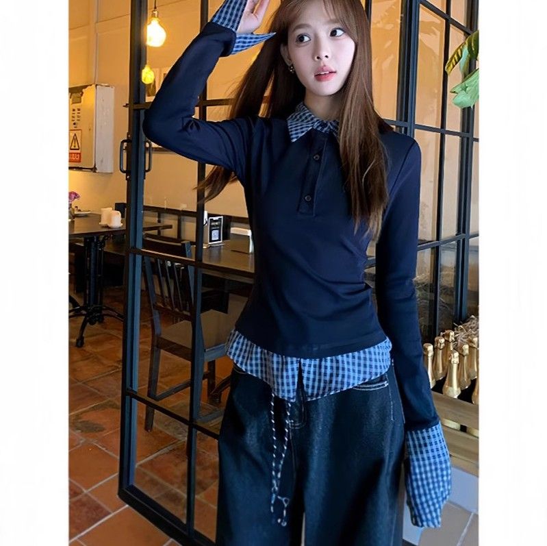 レディース ポロシャツ 長袖 チェック柄 切替 レイヤード風 通勤 カジュアル