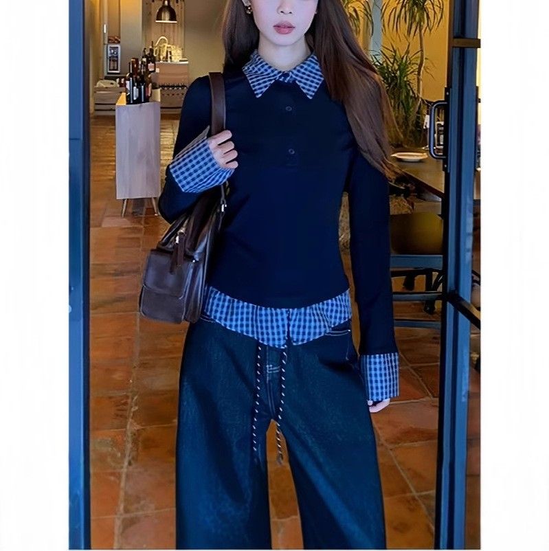 レディース ポロシャツ 長袖 チェック柄 切替 レイヤード風 通勤 カジュアル