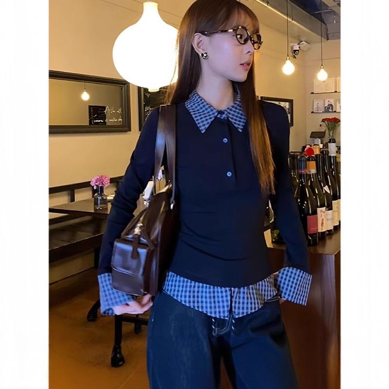 レディース ポロシャツ 長袖 チェック柄 切替 レイヤード風 通勤 カジュアル