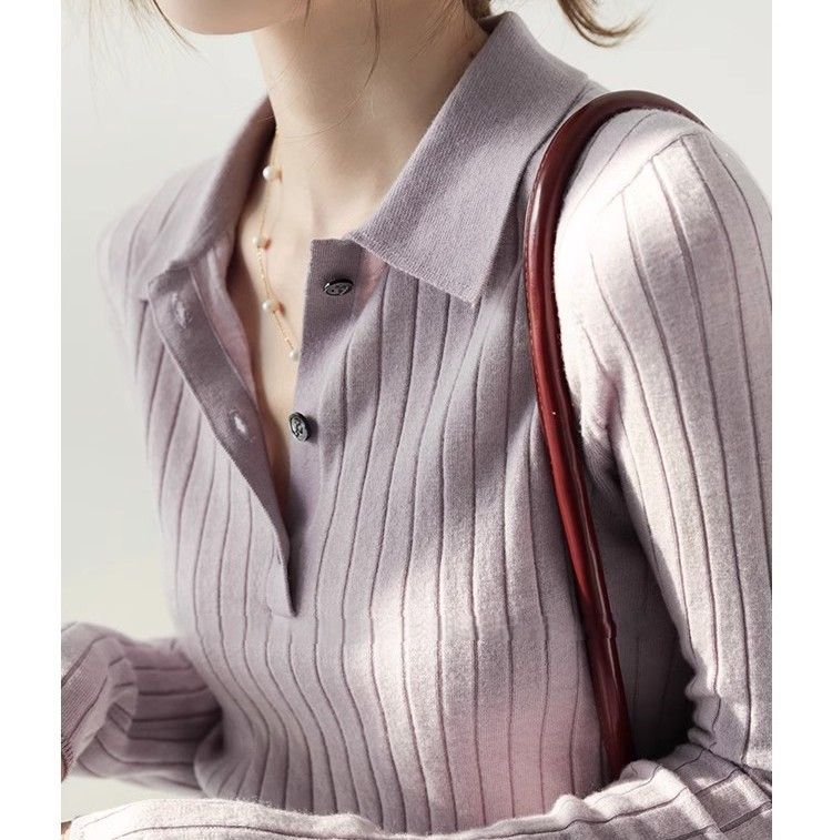 レディース ポロシャツ 縦リブ編み襟付き長袖ニットポロ
