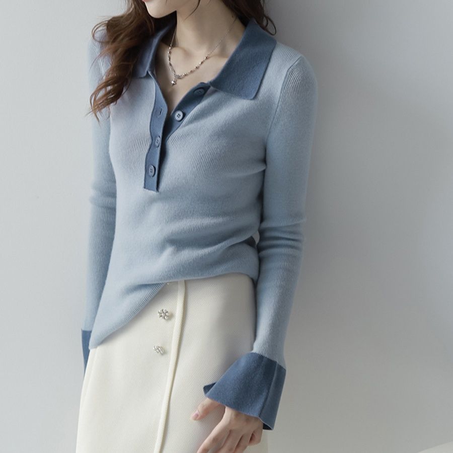 レディース ポロシャツ 配色デザインニット素材レディースポロシャツ長袖