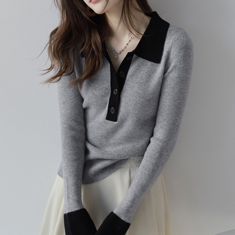 レディース ポロシャツ 配色デザインニット素材レディースポロシャツ長袖