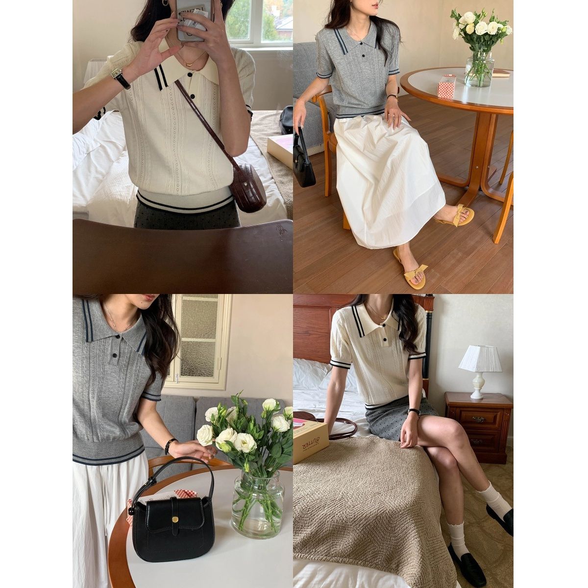 レディースポロシャツ 配色ライン入りケーブル編みニットポロシャツ