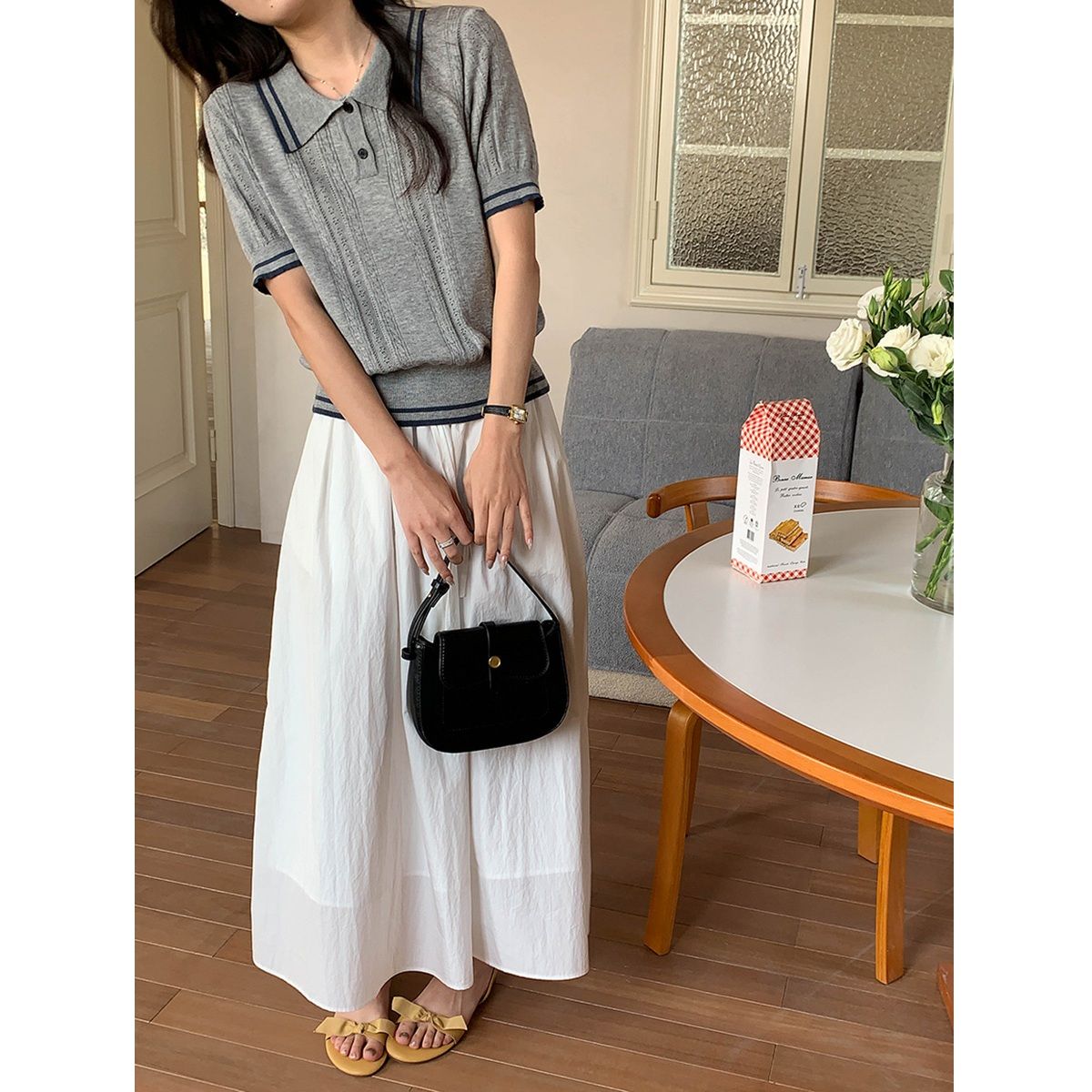 レディースポロシャツ 配色ライン入りケーブル編みニットポロシャツ