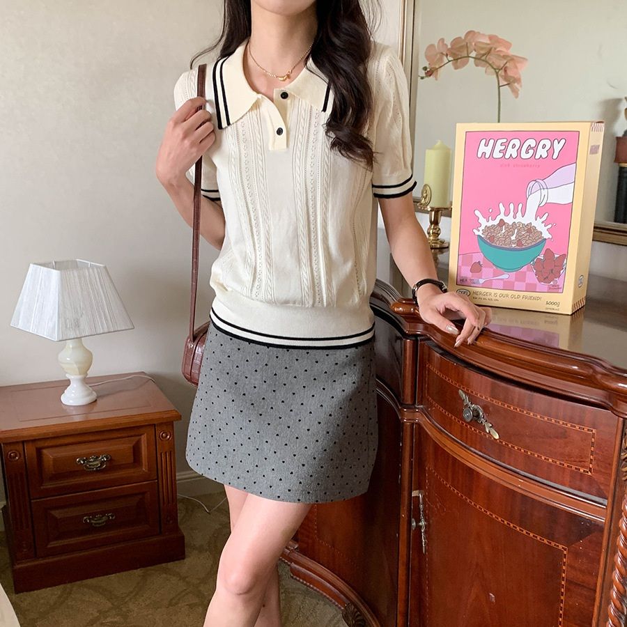 レディースポロシャツ 配色ライン入りケーブル編みニットポロシャツ