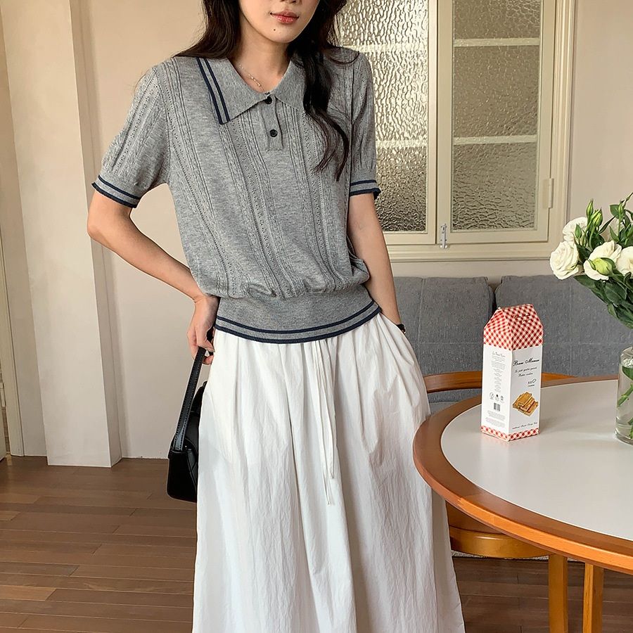 レディースポロシャツ 配色ライン入りケーブル編みニットポロシャツ