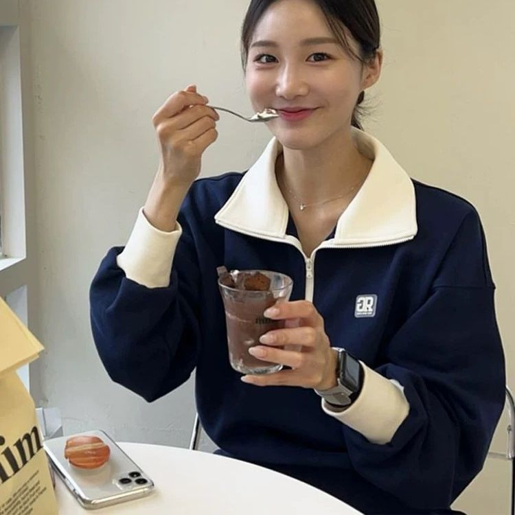 レディース ポロシャツ 配色襟ジップアップ長袖ポロシャツ