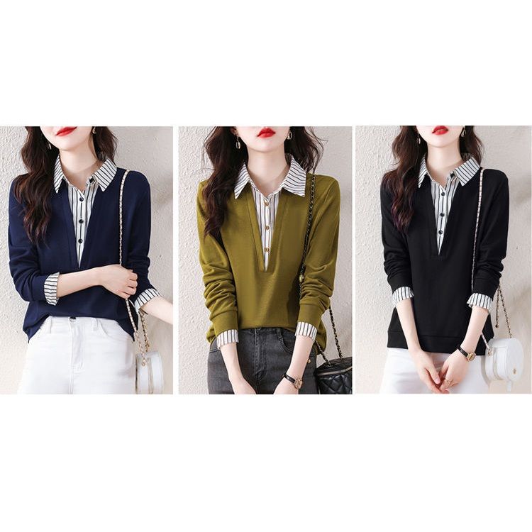 レディース ポロシャツ 重ね着風ストライプ襟長袖ポロシャツ