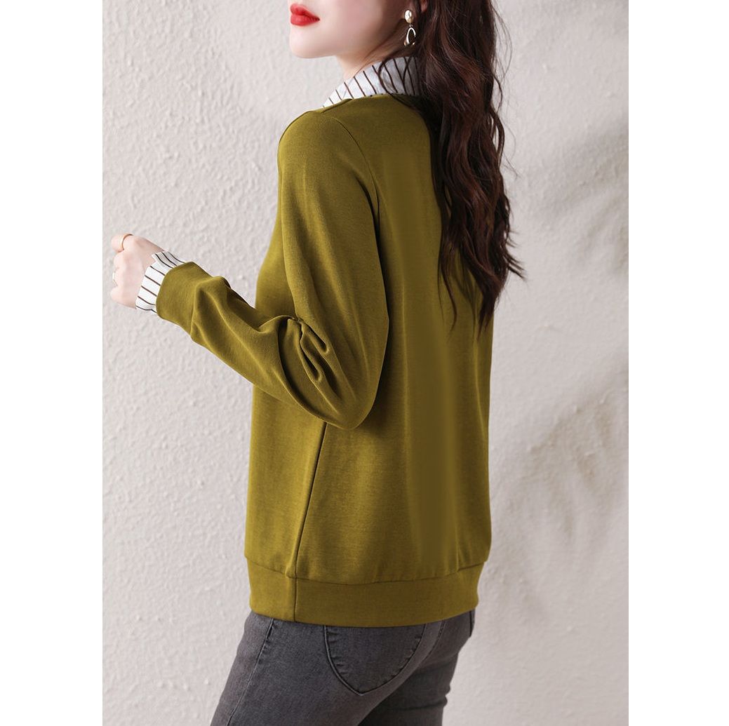 レディース ポロシャツ 重ね着風ストライプ襟長袖ポロシャツ