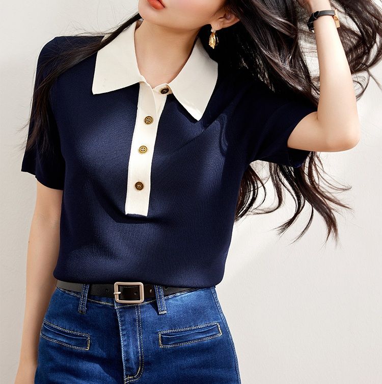 レディース ポロシャツ 配色襟デザイン半袖ポロシャツ